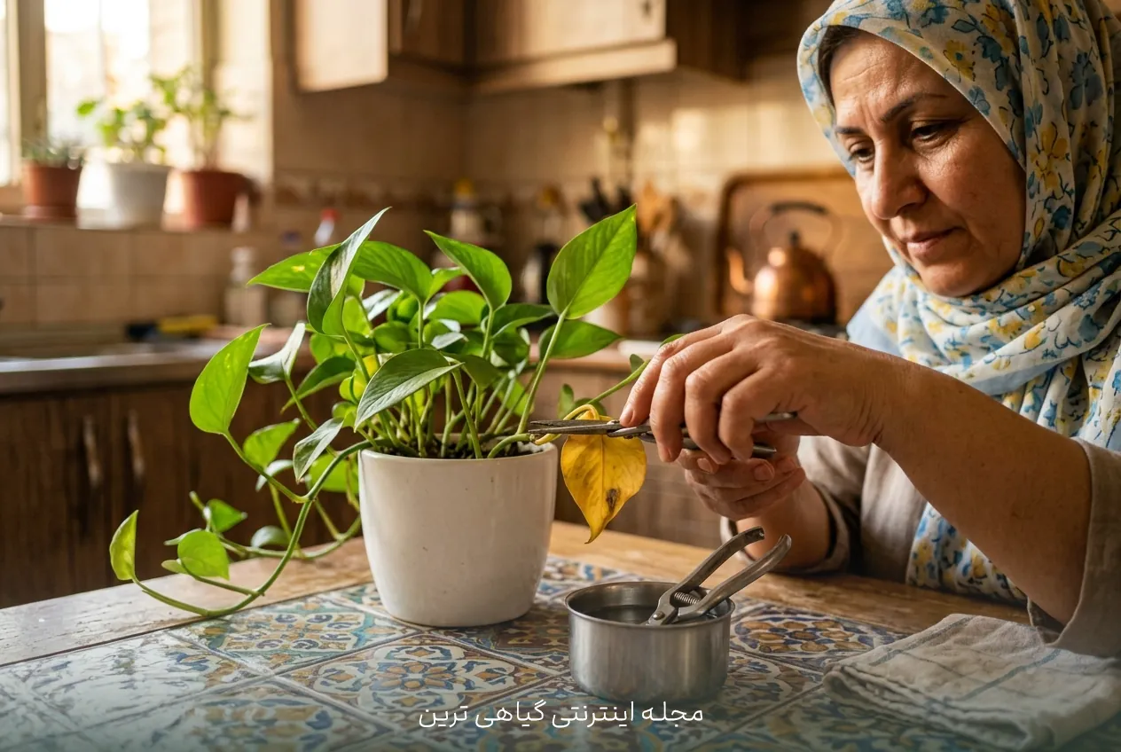 جدا کردن برگ‌های زرد با قیچی تمیز